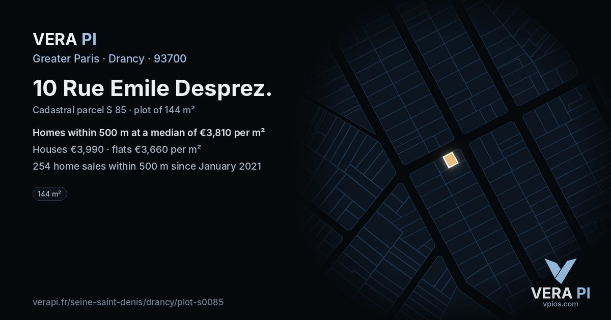 10 Rue Emile Desprez, Drancy at night – the plot lit, the parcels around coloured by the prices near them