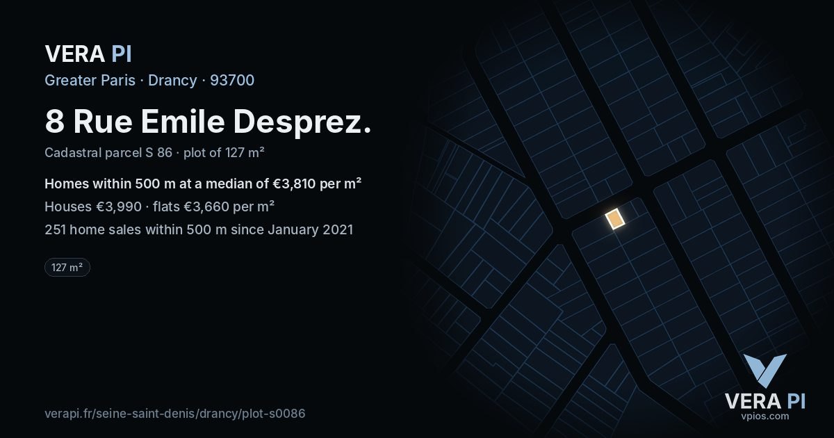 8 Rue Emile Desprez, Drancy at night – the plot lit, the parcels around coloured by the prices near them