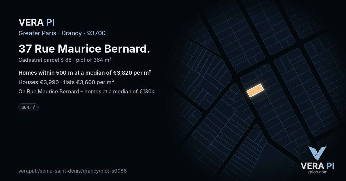 37 Rue Maurice Bernard, Drancy at night – the plot lit, the parcels around coloured by the prices near them