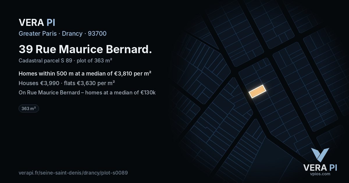 39 Rue Maurice Bernard, Drancy at night – the plot lit, the parcels around coloured by the prices near them