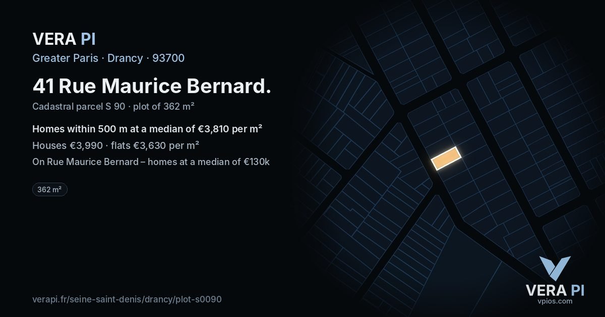 41 Rue Maurice Bernard, Drancy at night – the plot lit, the parcels around coloured by the prices near them
