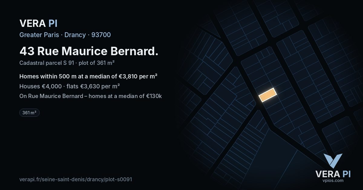 43 Rue Maurice Bernard, Drancy at night – the plot lit, the parcels around coloured by the prices near them