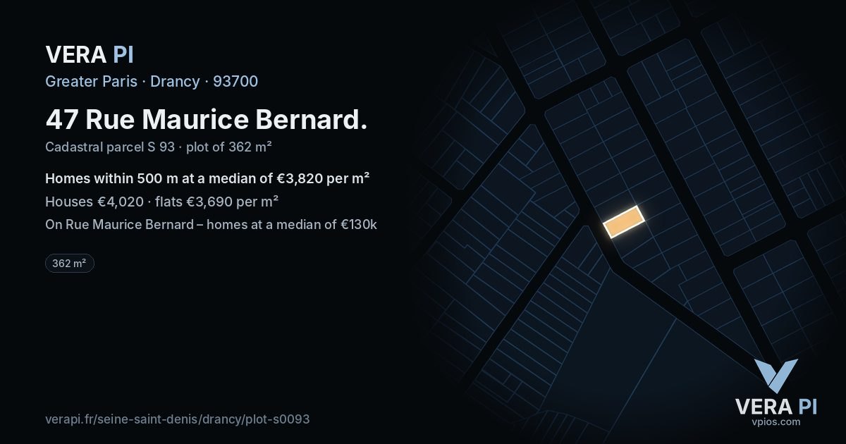 47 Rue Maurice Bernard, Drancy at night – the plot lit, the parcels around coloured by the prices near them