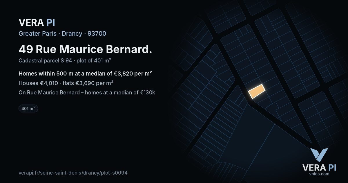49 Rue Maurice Bernard, Drancy at night – the plot lit, the parcels around coloured by the prices near them