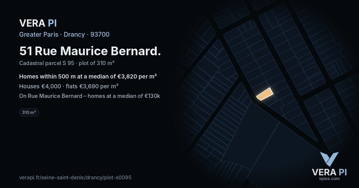 51 Rue Maurice Bernard, Drancy at night – the plot lit, the parcels around coloured by the prices near them