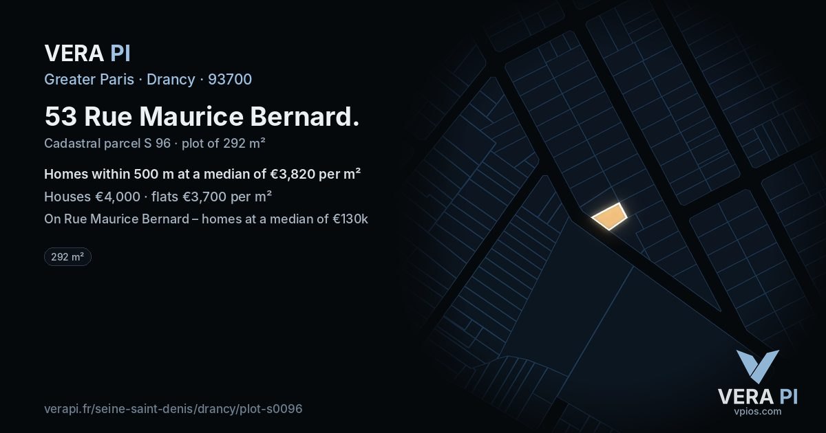 53 Rue Maurice Bernard, Drancy at night – the plot lit, the parcels around coloured by the prices near them