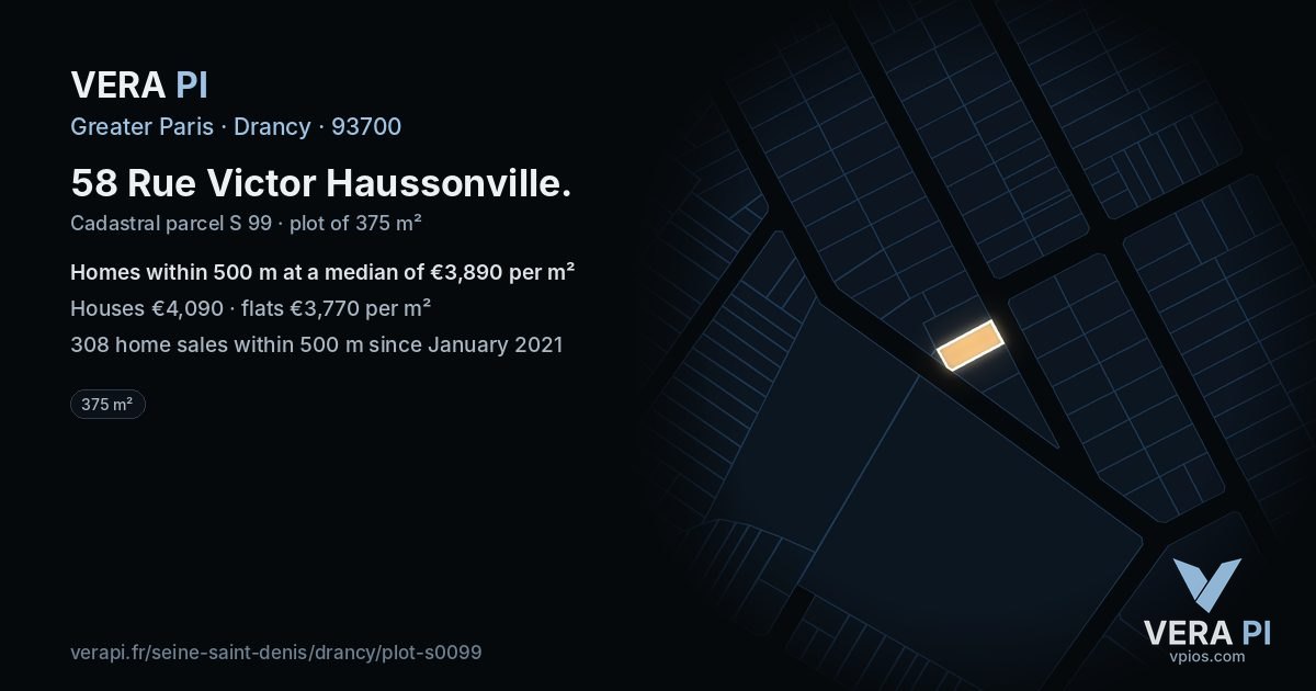 58 Rue Victor Haussonville, Drancy at night – the plot lit, the parcels around coloured by the prices near them