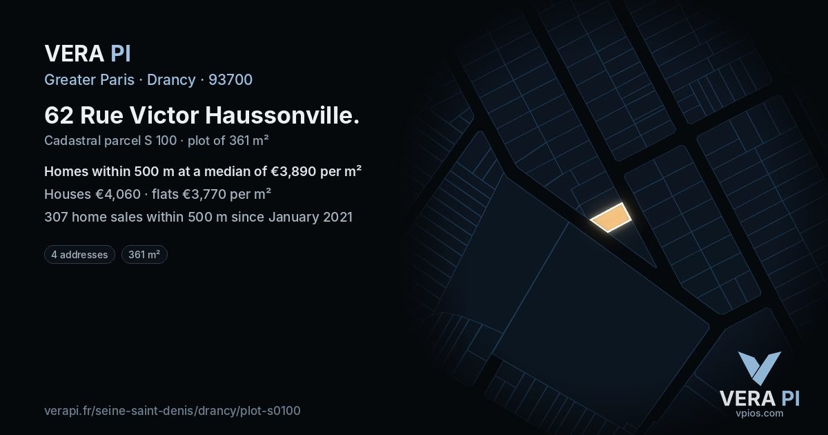 62 Rue Victor Haussonville, Drancy at night – the plot lit, the parcels around coloured by the prices near them