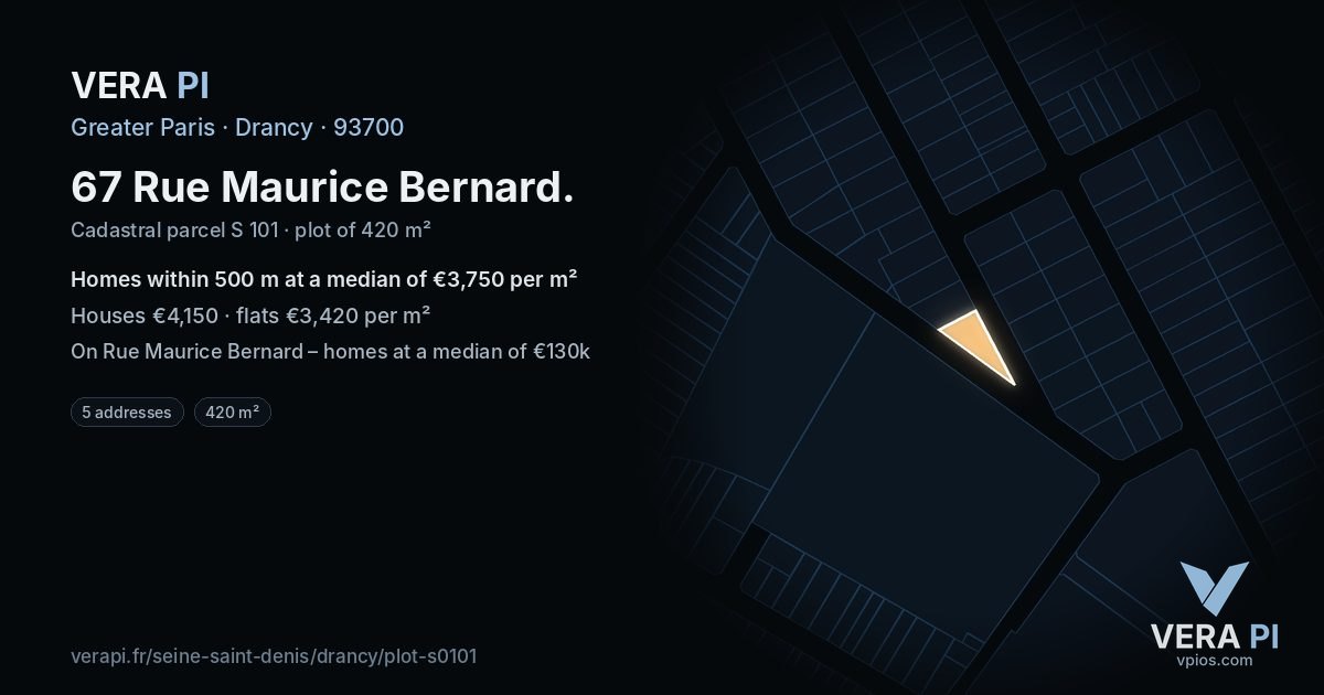 67 Rue Maurice Bernard, Drancy at night – the plot lit, the parcels around coloured by the prices near them