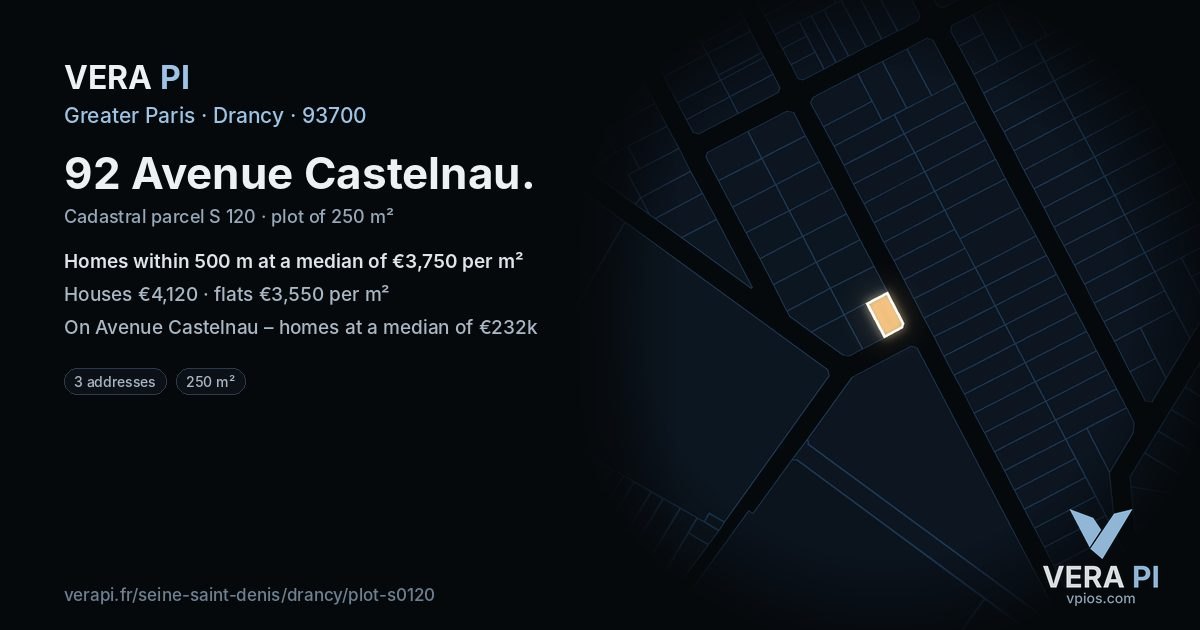 92 Avenue Castelnau, Drancy at night – the plot lit, the parcels around coloured by the prices near them