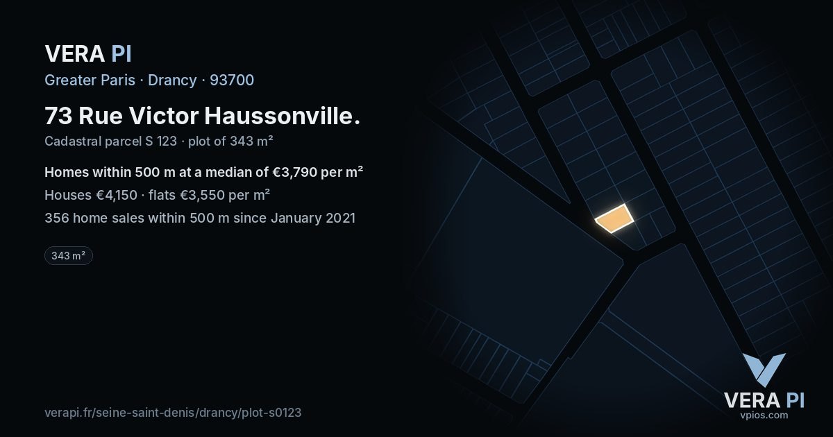 73 Rue Victor Haussonville, Drancy at night – the plot lit, the parcels around coloured by the prices near them