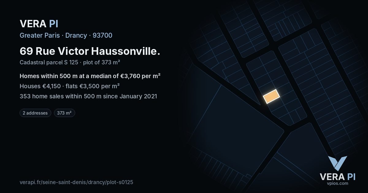 69 Rue Victor Haussonville, Drancy at night – the plot lit, the parcels around coloured by the prices near them