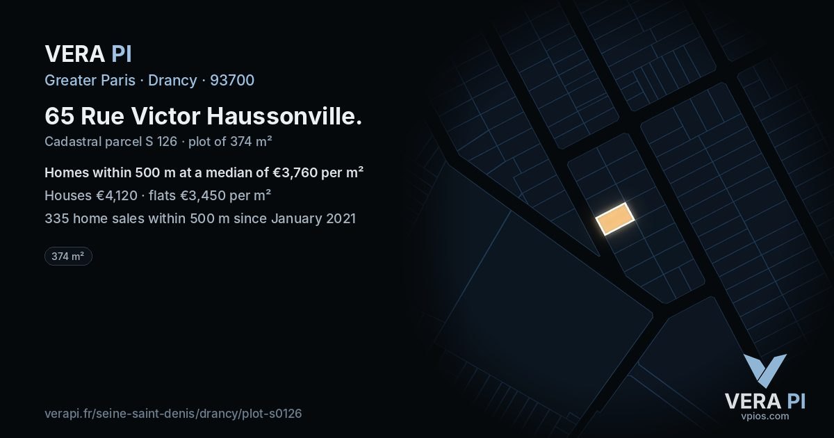 65 Rue Victor Haussonville, Drancy at night – the plot lit, the parcels around coloured by the prices near them