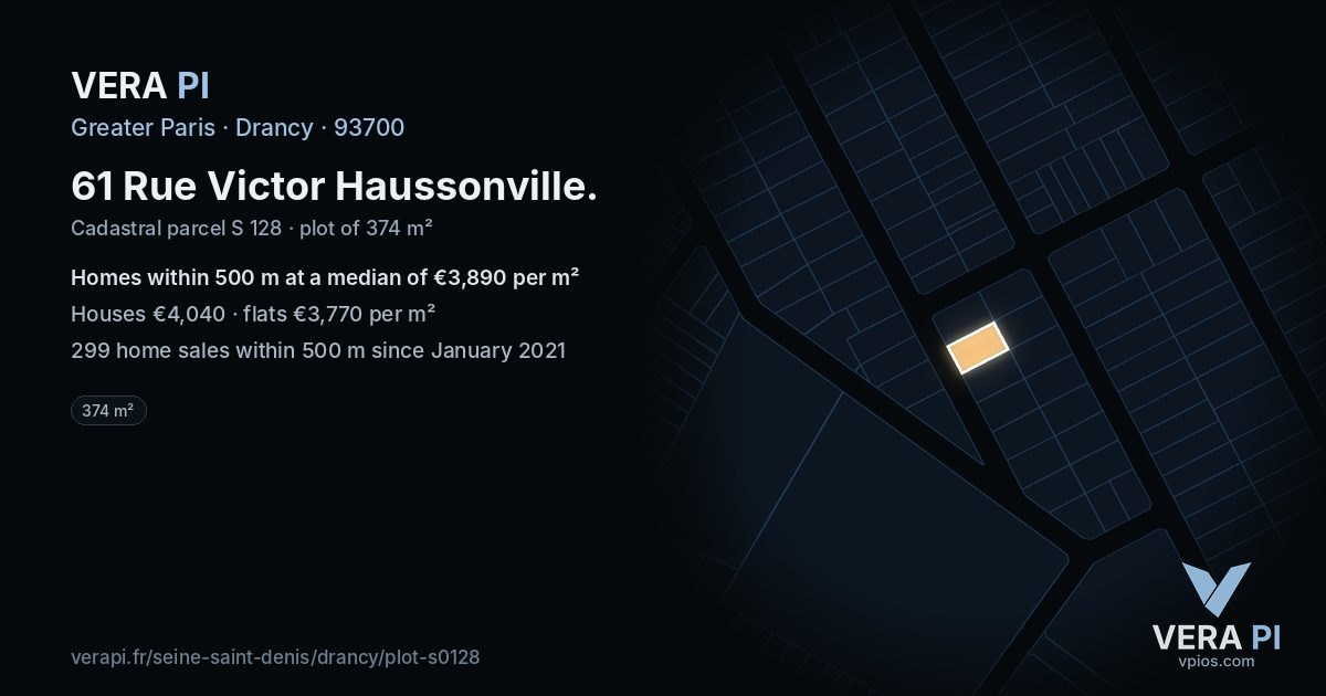 61 Rue Victor Haussonville, Drancy at night – the plot lit, the parcels around coloured by the prices near them
