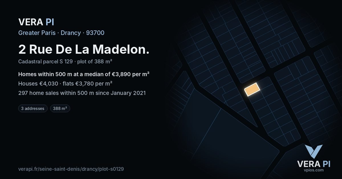 2 Rue De La Madelon, Drancy at night – the plot lit, the parcels around coloured by the prices near them