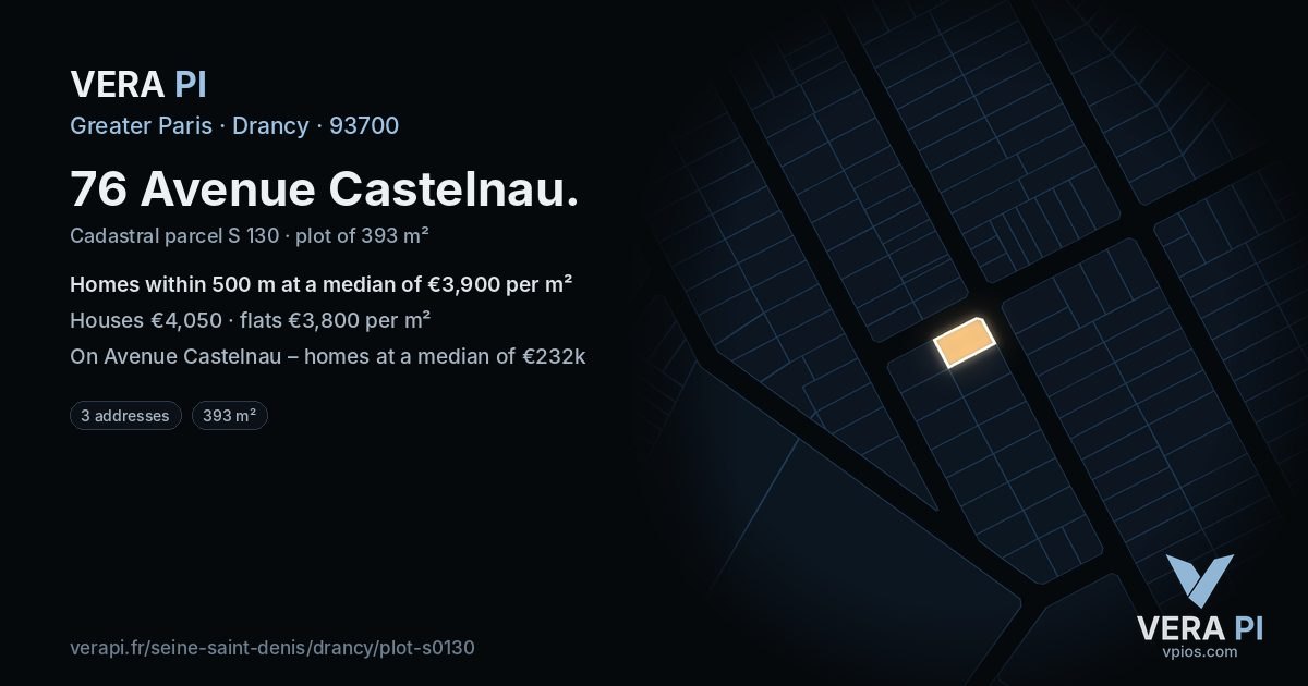 76 Avenue Castelnau, Drancy at night – the plot lit, the parcels around coloured by the prices near them