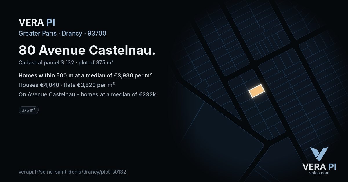 80 Avenue Castelnau, Drancy at night – the plot lit, the parcels around coloured by the prices near them