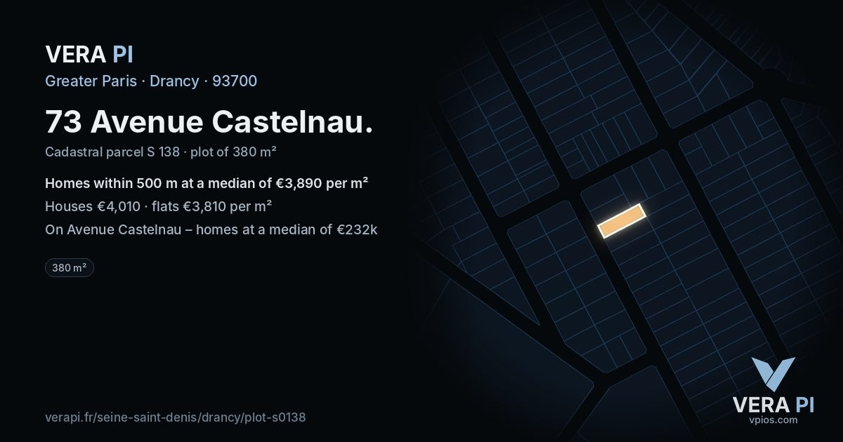 73 Avenue Castelnau, Drancy at night – the plot lit, the parcels around coloured by the prices near them