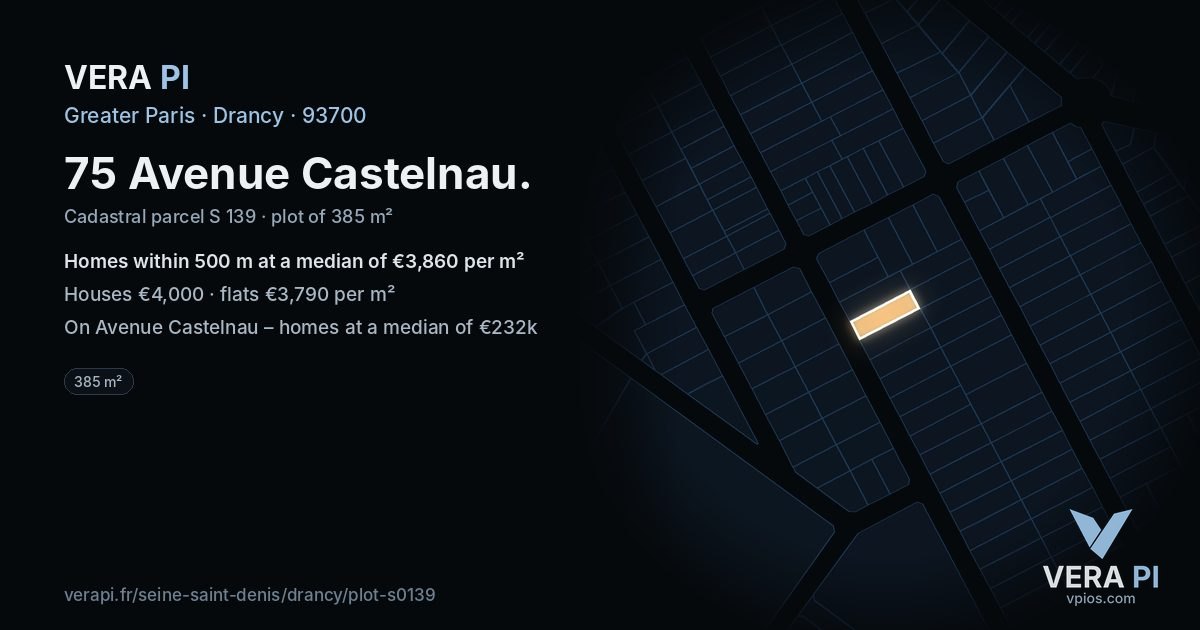 75 Avenue Castelnau, Drancy at night – the plot lit, the parcels around coloured by the prices near them