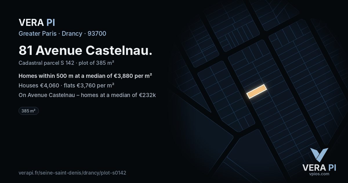 81 Avenue Castelnau, Drancy at night – the plot lit, the parcels around coloured by the prices near them