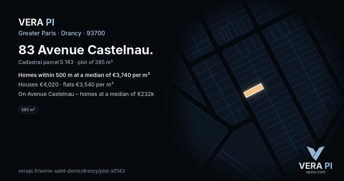 83 Avenue Castelnau, Drancy at night – the plot lit, the parcels around coloured by the prices near them