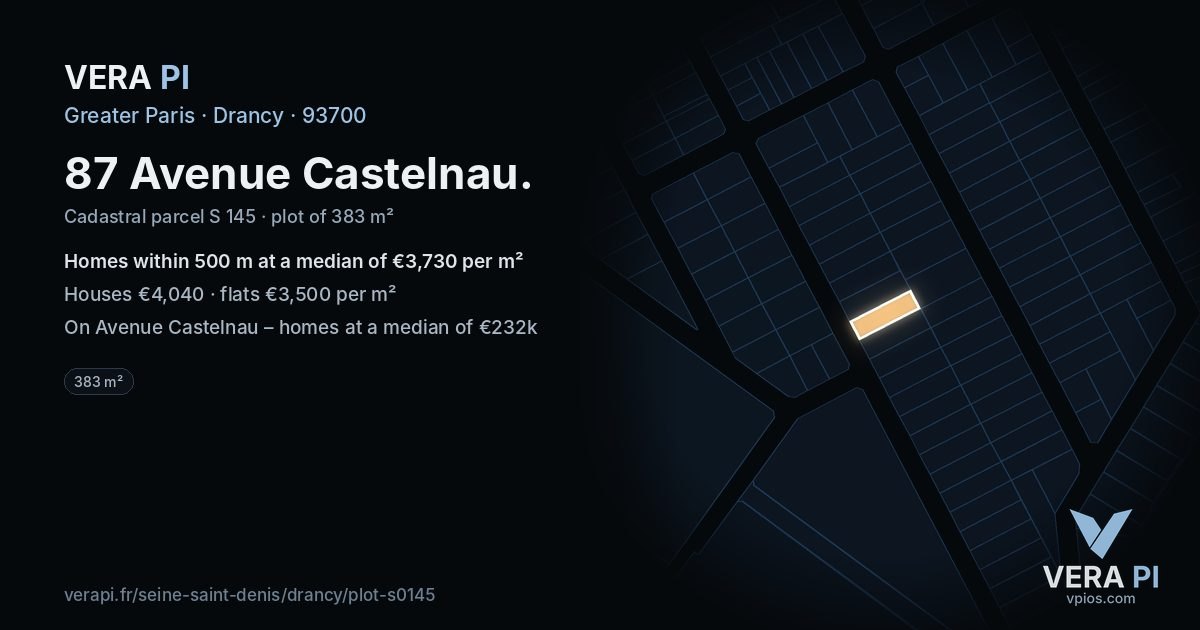 87 Avenue Castelnau, Drancy at night – the plot lit, the parcels around coloured by the prices near them