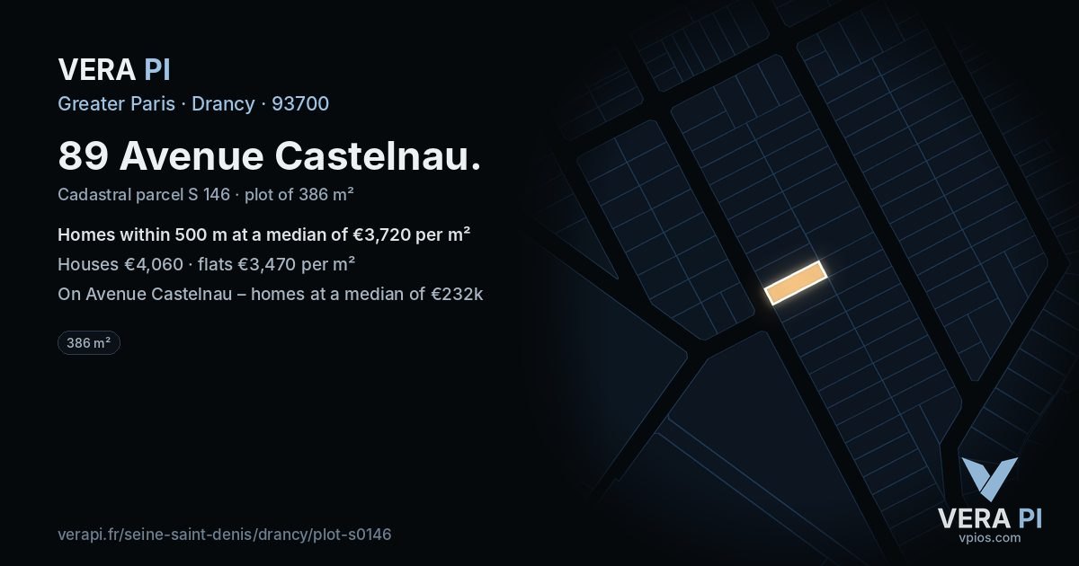 89 Avenue Castelnau, Drancy at night – the plot lit, the parcels around coloured by the prices near them