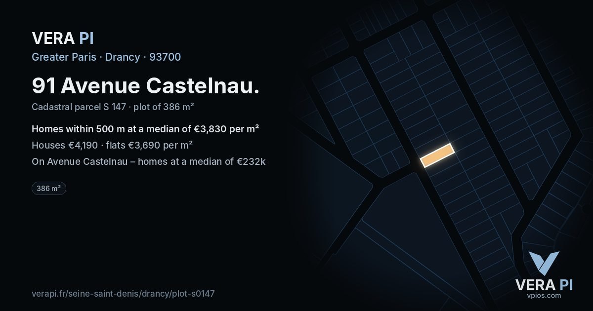 91 Avenue Castelnau, Drancy at night – the plot lit, the parcels around coloured by the prices near them