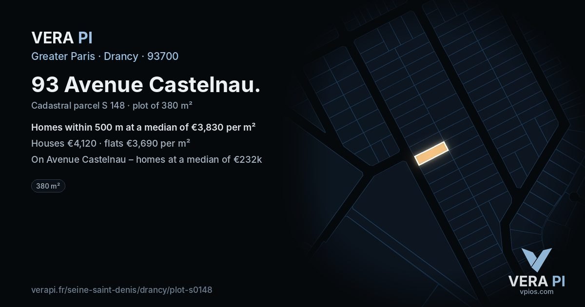 93 Avenue Castelnau, Drancy at night – the plot lit, the parcels around coloured by the prices near them