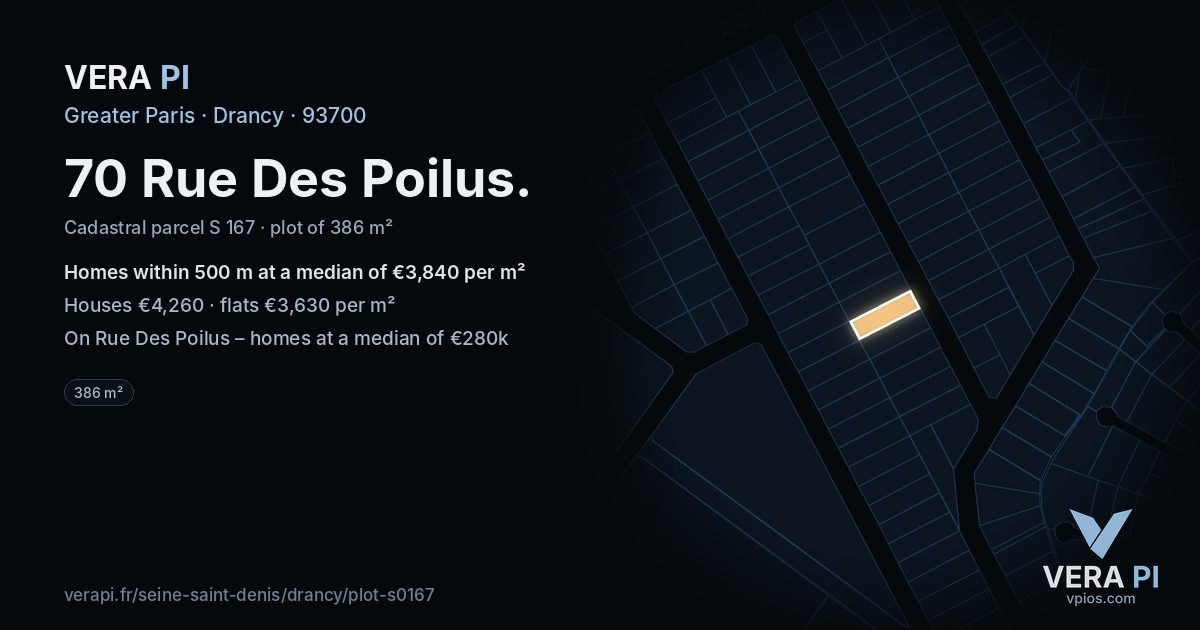 70 Rue Des Poilus, Drancy at night – the plot lit, the parcels around coloured by the prices near them