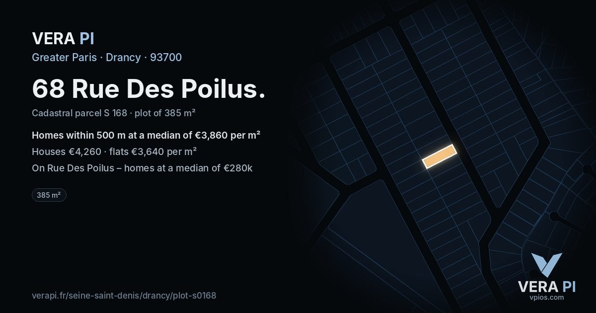 68 Rue Des Poilus, Drancy at night – the plot lit, the parcels around coloured by the prices near them