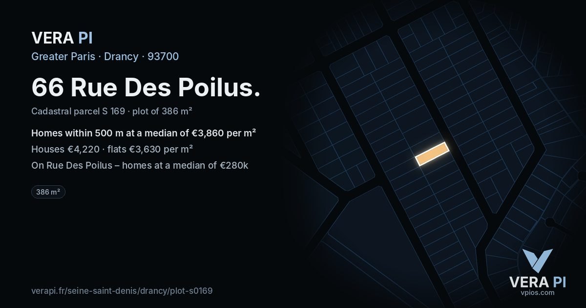 66 Rue Des Poilus, Drancy at night – the plot lit, the parcels around coloured by the prices near them