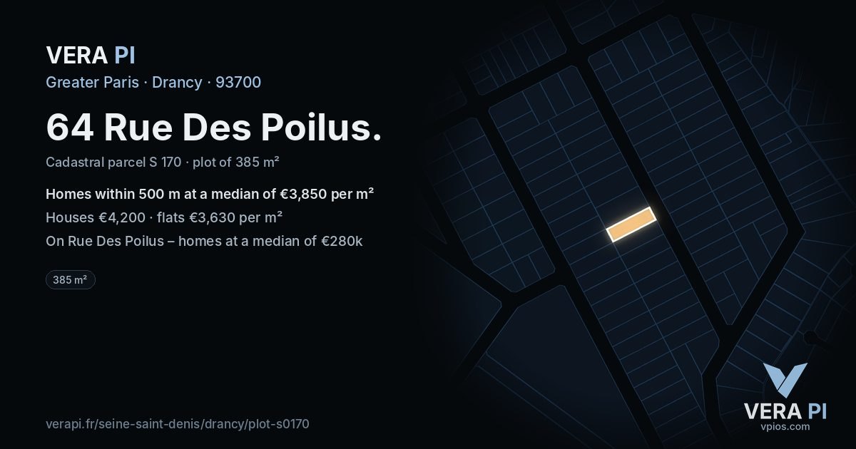 64 Rue Des Poilus, Drancy at night – the plot lit, the parcels around coloured by the prices near them