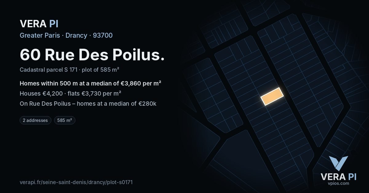 60 Rue Des Poilus, Drancy at night – the plot lit, the parcels around coloured by the prices near them