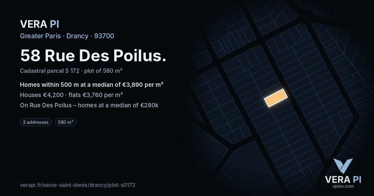 58 Rue Des Poilus, Drancy at night – the plot lit, the parcels around coloured by the prices near them
