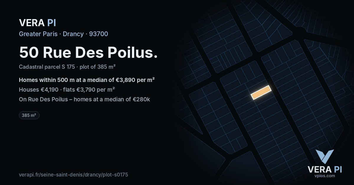 50 Rue Des Poilus, Drancy at night – the plot lit, the parcels around coloured by the prices near them
