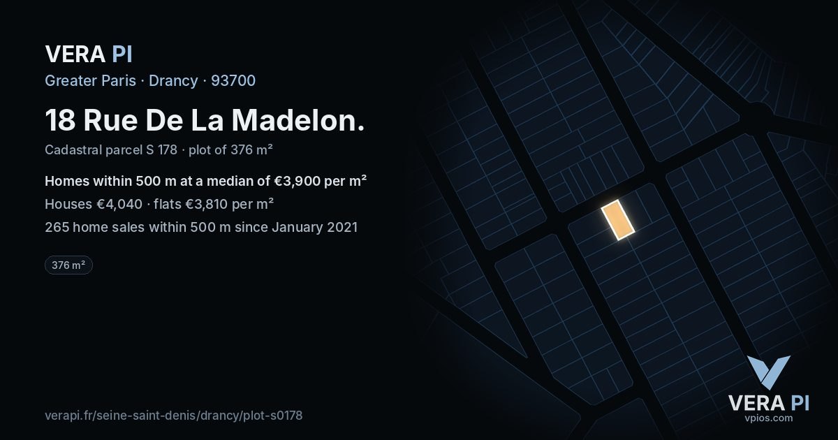 18 Rue De La Madelon, Drancy at night – the plot lit, the parcels around coloured by the prices near them