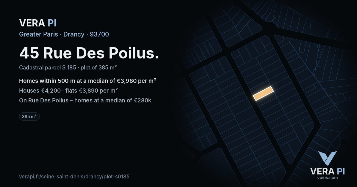 45 Rue Des Poilus, Drancy at night – the plot lit, the parcels around coloured by the prices near them