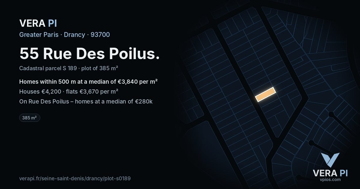 55 Rue Des Poilus, Drancy at night – the plot lit, the parcels around coloured by the prices near them