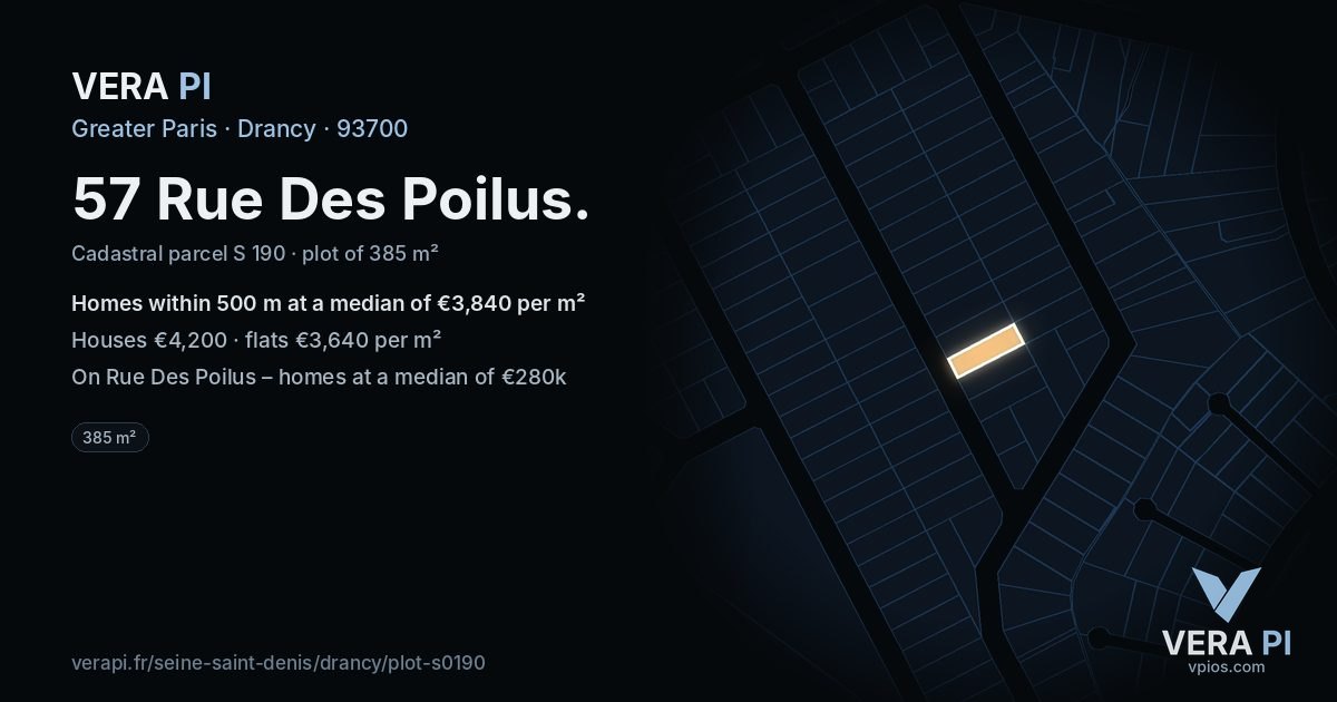 57 Rue Des Poilus, Drancy at night – the plot lit, the parcels around coloured by the prices near them