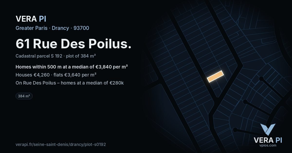 61 Rue Des Poilus, Drancy at night – the plot lit, the parcels around coloured by the prices near them