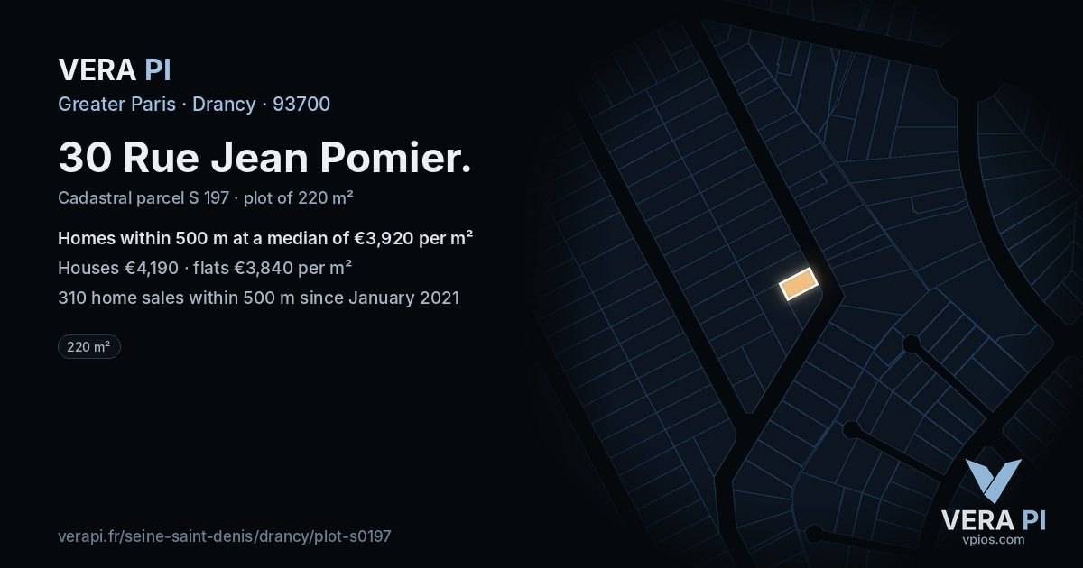 30 Rue Jean Pomier, Drancy at night – the plot lit, the parcels around coloured by the prices near them