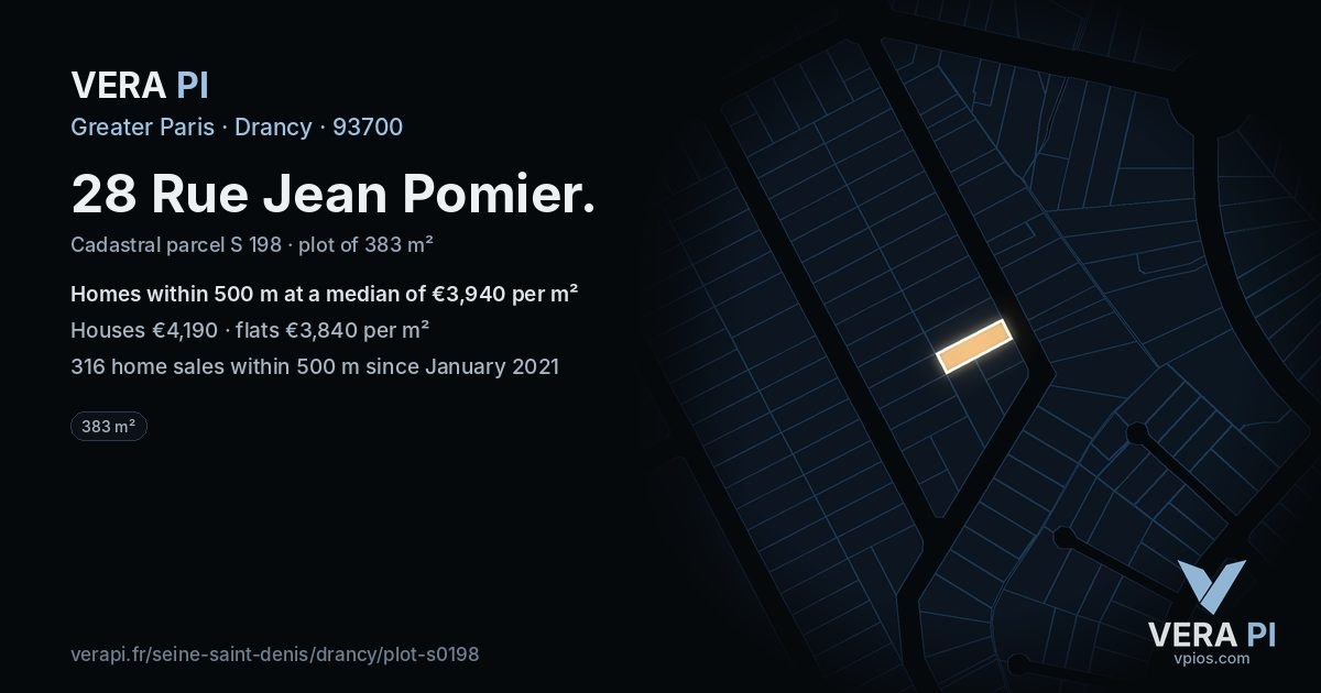 28 Rue Jean Pomier, Drancy at night – the plot lit, the parcels around coloured by the prices near them