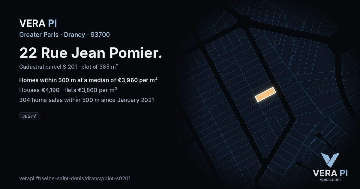 22 Rue Jean Pomier, Drancy at night – the plot lit, the parcels around coloured by the prices near them