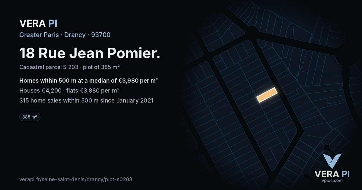 18 Rue Jean Pomier, Drancy at night – the plot lit, the parcels around coloured by the prices near them