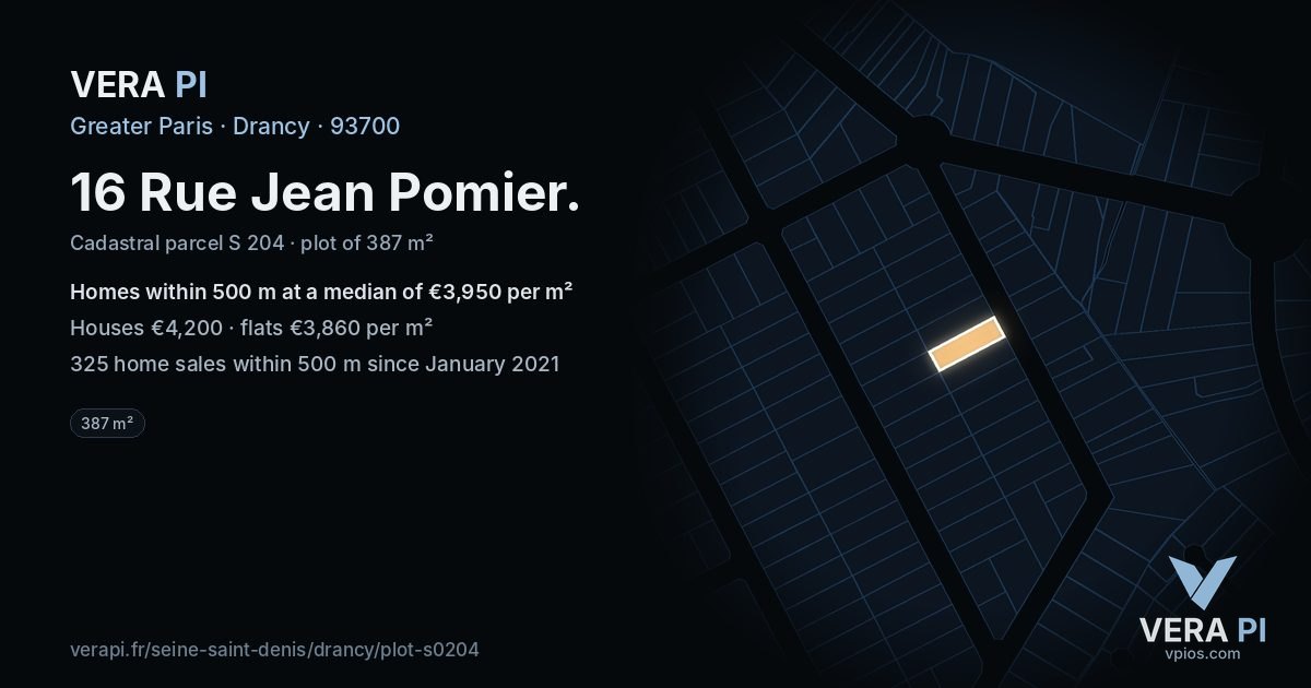 16 Rue Jean Pomier, Drancy at night – the plot lit, the parcels around coloured by the prices near them