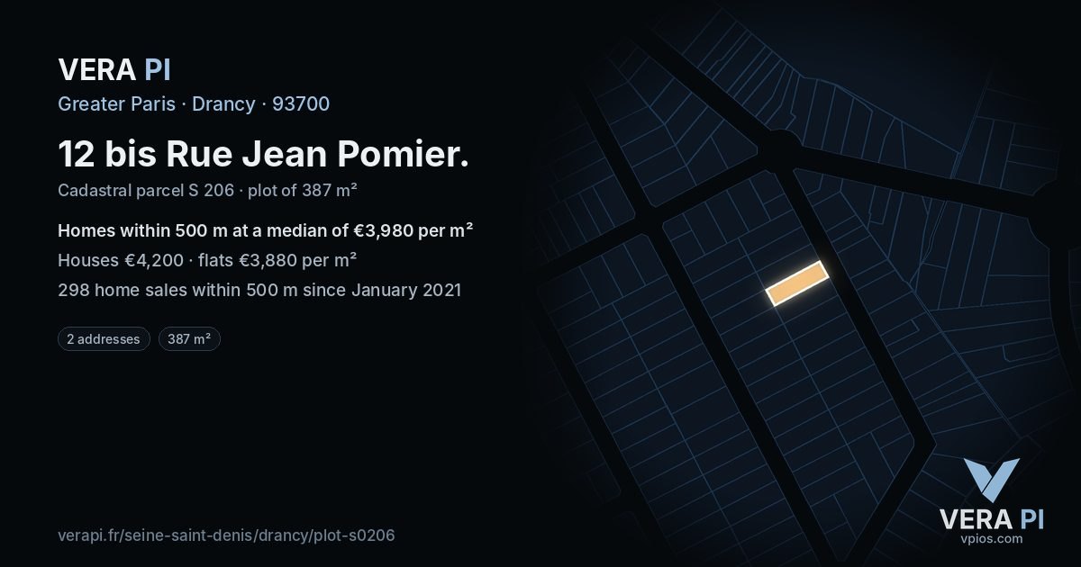 12 bis Rue Jean Pomier, Drancy at night – the plot lit, the parcels around coloured by the prices near them