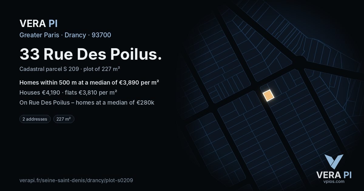 33 Rue Des Poilus, Drancy at night – the plot lit, the parcels around coloured by the prices near them
