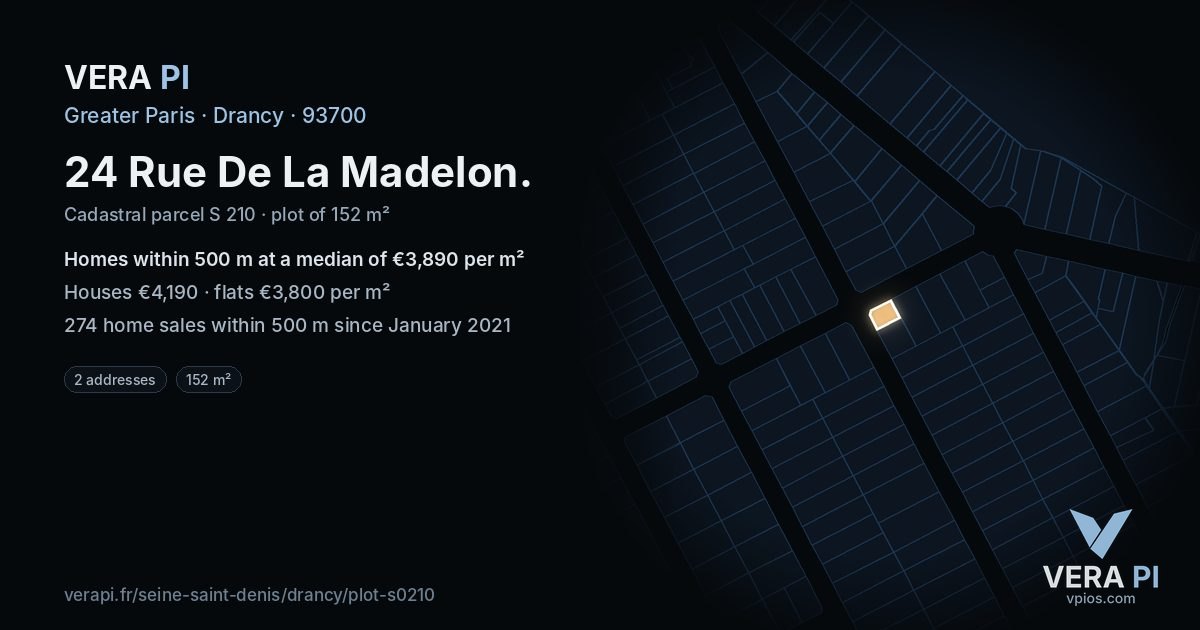 24 Rue De La Madelon, Drancy at night – the plot lit, the parcels around coloured by the prices near them