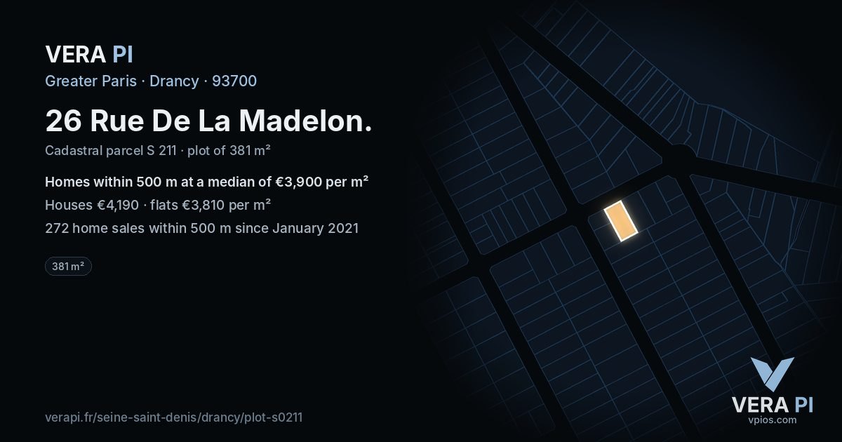 26 Rue De La Madelon, Drancy at night – the plot lit, the parcels around coloured by the prices near them